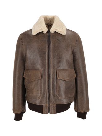 Schott NYC Brown Rugged Cream Shearling Collar Leather Jacket
