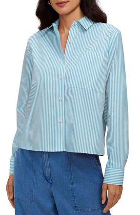 Foxcroft Jodie Stripe Cotton Button-Up Shirt in Capri Blue/White at Nordstrom, Size X-Large