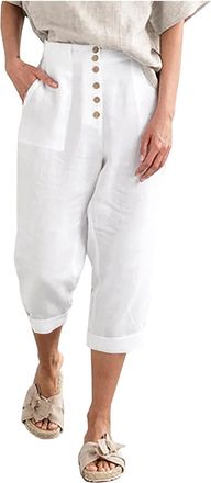 Generic Womens Capri Trousers Casual Classic Cotton Linen Trousers Light Cropped 3/4 Length Summer Pants Stretch Fit Three Quarter Cropped Pants Summer Plaain