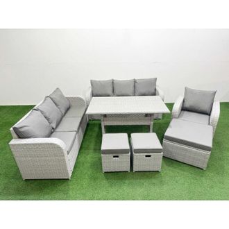 Fimous Fimous 10 Seater Poly Rattan Outdoor Garden Furniture Rectangular Dining Table Sofa Set Patio 3 Seater Sofa Reclining Chair 3 Seater Sofa 3 Stools 2