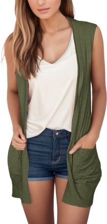 Generic Cardigan for Women UK Lightweight Sleeveless Cardigan Open Front Loose Knit Coat Casual Outwear with Pockets Army Green