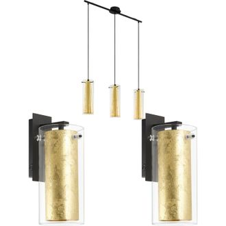 Loops Ceiling Pendant Light & 2x Matching Wall Lights Clear Glass & Gold Shade Lamp