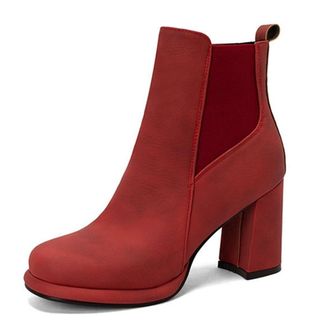 Generic Womens Elastic Wide Calf Ankle Boots Comfort Round Toe Block Heel Fashion Slip On Winter Dress Shoes (5.5,Red)