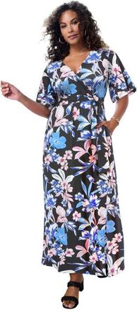 Roaman's Plus Size Flutter Sleeve Wrap Maxi Dress in Black Aloha Tropical at Nordstrom, Size 36