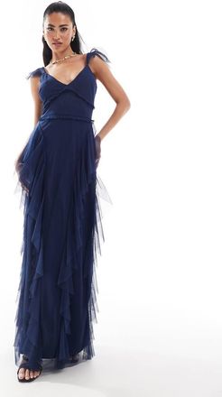 Lace & Beads tulle ruffle maxi dress in navy