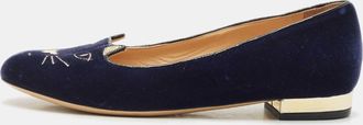 Charlotte Olympia Navy Blue Fabric Kitty Smoking Slippers