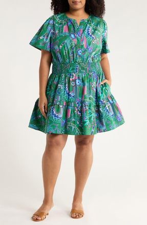 Sugarlips Vesper Geo Aylin Smocked Waist Cotton Minidress in Kelly-Blue-Mul at Nordstrom, Size 1X