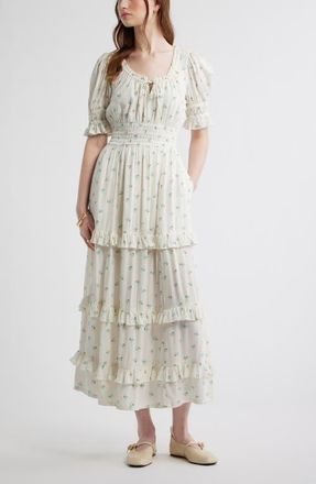 Treasure & Bond Smock Waist Ruffle Trim Tiered Maxi Dress in Ivory- Blue Garden Ditsy at Nordstrom, Size Xx-Small