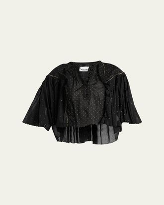 Isabel Marant Veenia Polka-Dot Pleated Cotton Voile Crop Blouse