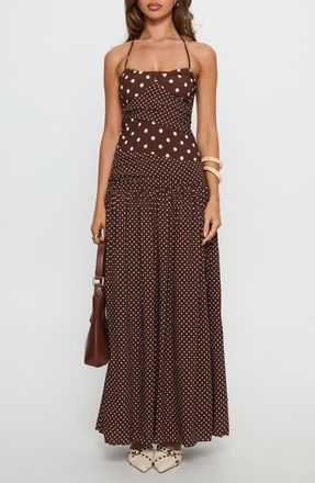 Princess Polly Marguerite Halter Dot Print Maxi Dress in Brown Polka Dot at Nordstrom, Size 10