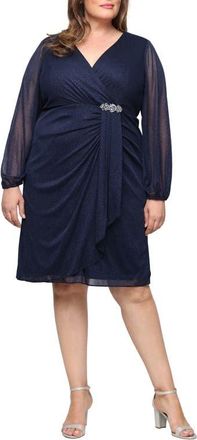 S.L. Fashions Glitter Mesh Long Sleeve Cocktail Dress in Navy at Nordstrom, Size 20W