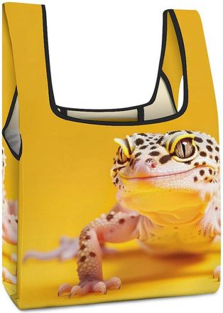 Generic Leopard Geckos On Yellow Shopping Bag Reusable Grocery Tote Bag Foldable Handbag for Travel Picnic