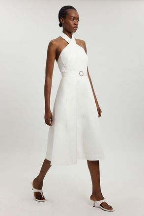 Karen Millen Womens Tailored Cotton Sateen Halter Full Midi Dress - White - Size 12 UK