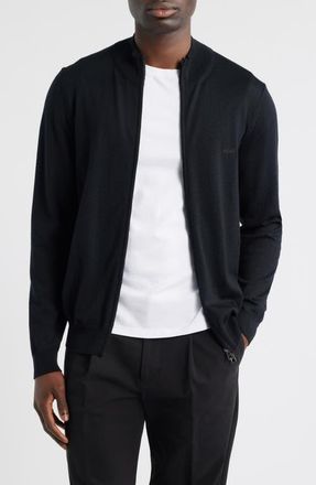 BOSS Balonso Mock Neck Wool Full Zip Cardigan in Black at Nordstrom, Size Xx-Large