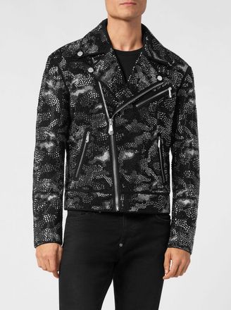 Philipp Plein Lambskin Biker Jacket with Crystal Embroidery
