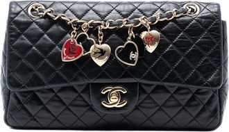 Chanel Black Medium Classic Lambskin Valentines Heart Charms Single Flap