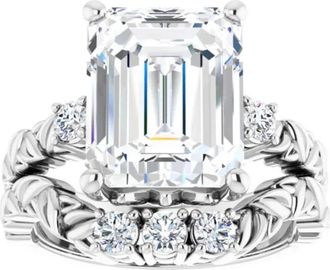 Pompeii3 5 1/2 Ct Diamond & Emerald Cut Moissanite Petite Leaf Engagement Set in 10k Gold