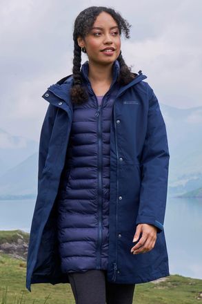 Mountain Warehouse Alaskan Womens 3 In 1 Long Jacket with Adjustable Hood Waterproof Coat Navy - Size 10 UK