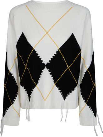 Pinko White Berna Argyle Traforato Cropped Sweater