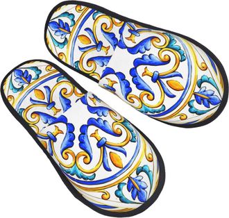 Generic Portable Mens Slipper Italian Majolica Tiles Flower Cotton Slipper Warm Womens Slippers for Hotels Winter Travel L