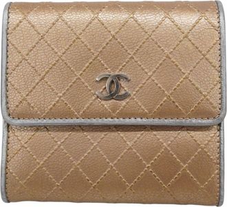 Chanel Beige Gray Leather Wallet (Tri-Fold) (Pre-Owned)