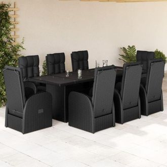 vidaXL Set De Comedor De Jard&iacute;n 9 Pzas Y Cojines Rat&aacute;n Sint&eacute;tico Negro