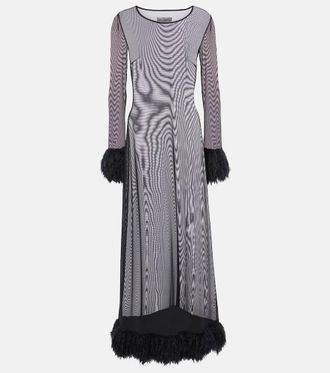 Marine Serre Faux feather-trimmed mesh maxi dress