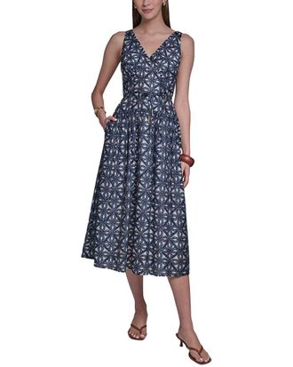 Halston Heritage Sleeveless V-Neck Printed Linen-Blend Sundress