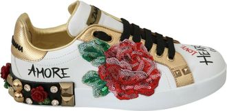 Dolce & Gabbana White Roses Sequined Crystal Womens Sneakers Shoes