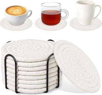No Brand Juego De 8 Posavasos Absorbentes Con Soporte De Almacenamiento - Algod&oacute;n Tejido Sencillo - Para Mesas De Centro/varias Tazas - 11 Cm De Di&aacute;metro