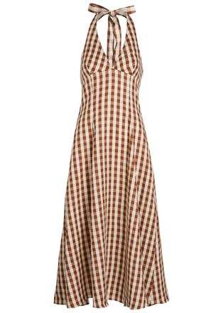 Faithfull The Brand Marais Gingham Linen Midi Dress - Light Brown - XL (UK16 / XL)