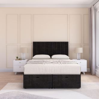 Sloomy Kansas Plush Fabric Ottoman Bed End Opening With Sprung Memory Mattress & 26 Inch Headboard in Black | Size: Small Double