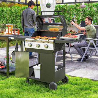 OUTSUNNY 3 Burner Propane Gas BBQ Grill with See-through Lid & Thermometer in Black