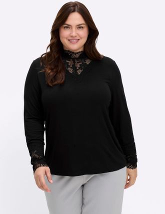 Sheego Stehkragenshirt SHEEGO BY JOE BROWNS Shirt, Damen, Gr. 40/42, schwarz, 95% Viskose, 5% Elasthan, Spitze:18% Elasthan, 82% Polyamid, unifarben, Shirts 