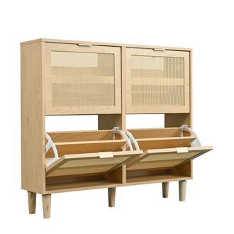 STILVORA Zapatero Con 4 Cajones Abatibles, Frentes De Rat&aacute;n Calado, Patas De Madera, Estilo R&uacute;stico, De Tablero De Part&iacute;culas, 100&times;25&times;90 Cm, Roble Claro