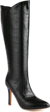 Generic Womens Pointed Toe Stiletto Heel Pumps Shoes Wide Calf Pull On Fashion Knee High Boots for Casual and Party (Black,7.5)
