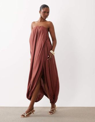 Asos Vestito lungo a fascia in modal color ruggine a bolle-Arancione