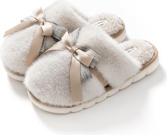 Generic Womens Winter Bow Slippers Fuzzy Fluffy Cozy Warm House Shoes with Plush Lining, Anti-Slip Silent Sole & Memory Foam Cushion for Indoor Bedroom,Beige,