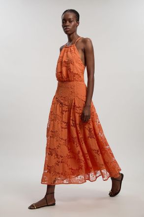 Karen Millen Womens Petite Lace Halter Woven Midi Dress - Orange - Size 14 UK