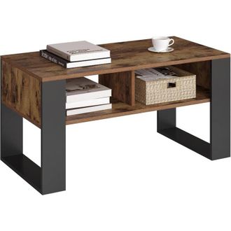 Woltu Tavolino da Caff&egrave; con 2 Scomparti Aperti - Tavolino da Salotto Marrone Rustico + Nero, 90x45x45cm