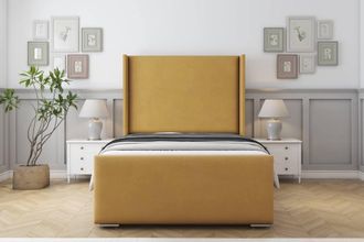 Sloomy Devonshire Plush Bed Frame With 50 Upholstered Wingback Headboard in Mustard | Size: Super King