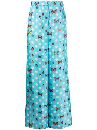 Versace Butterflies wide-leg silk trousers - women - Acetate/Silk/Silk - 40 - Blue