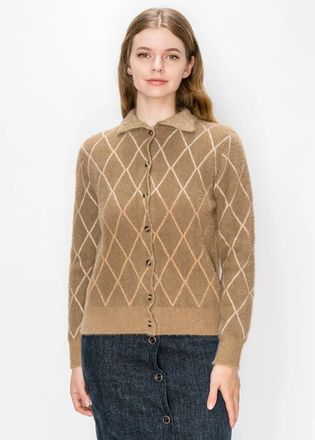 YAL New York Diamond Lattice Fuzzy Knit Button Cardigan in Camel