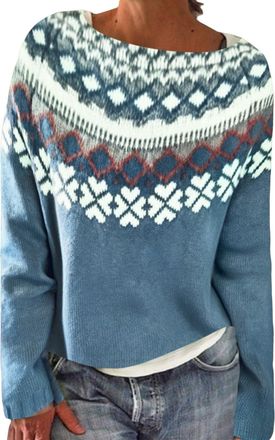 Generic Fairisle Norwegian Jumpers for Women UK Womens Retro Art Printed Chenille Knitted Fair Isle Sweaters Round Neck Halloween Christmas Casual Ski Long Sl