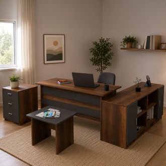Dmora Juego De Oficina Abutilon, Modular, 6 Estantes, 3 Cajones, Nogal Marr&oacute;n