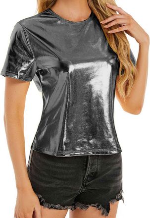 Generic Womens Striped Shirts Womens Spring Summer Metallic Glossy Round Neck Loose Casual T Shirt Shirts for Women Casual (Grey, L)