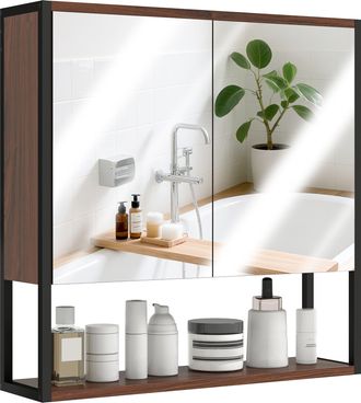 HOMCOM Industrial Bathroom Cabinet With 2 Mirrored Doors Open Shelf - Dark Wood Finish | TJ Hughes