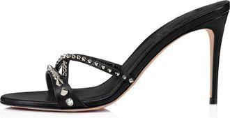 Generic Black,9.5 UK,High Heel Mules for Women Slip On Open Pointed Toe Stiletto Pumps Formal Studded Slingback Sandals Prom Party Dressy Shoes