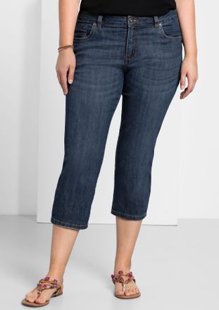 Sheego 5-Pocket-Jeans SHEEGO, Damen, Gr. 42, Normalgr&ouml;ssen, blau (dunkelblau denim), 75% Baumwolle, 24% Polyester, 1% Elasthan, unifarben, 3/4-L&auml;nge, Jeans 5