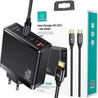 OEM Cargador Usams 2xusb-c+1xusb T52pd140w Pd Carga R&aacute;pida Us-cc168 + Cable U82 Usb-c/usb-c Us-sj581 240w Negro/negro Serie Um Umxlogtc01